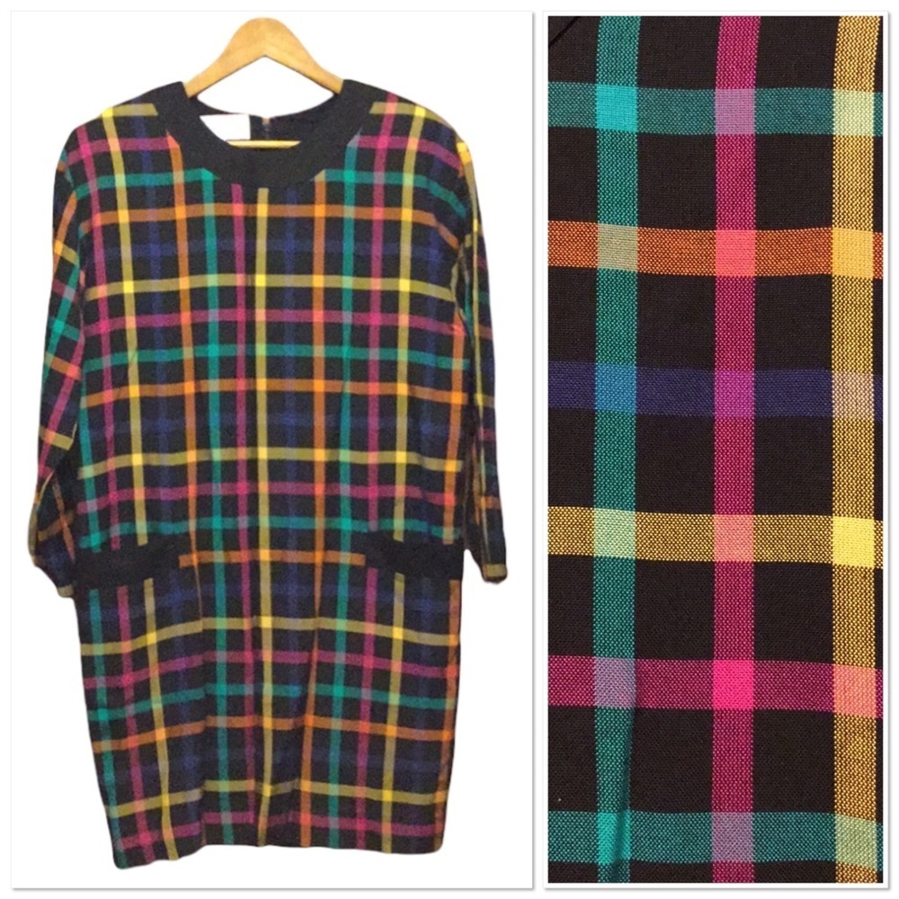 Vintage 80s dress Santa Fe pockets colorful plaid